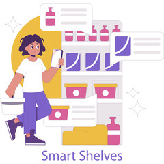Woman Browsing Smart Shelves Using Smartphone App Technology For Household Inventory Management And Shopping Organization With Minimalist Style Flat Design