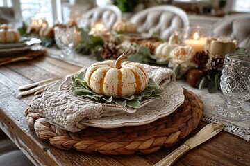 Rustic Thanksgiving table setting with pumpkins, candles, and cozy details creating a warm and inviting atmosphere.