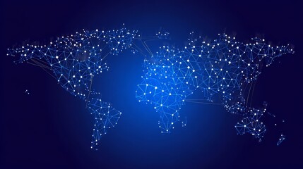 Whimsical illustration of digital world map with connected dots, symbolizing global economy and trade in a high-tech, interconnected world.