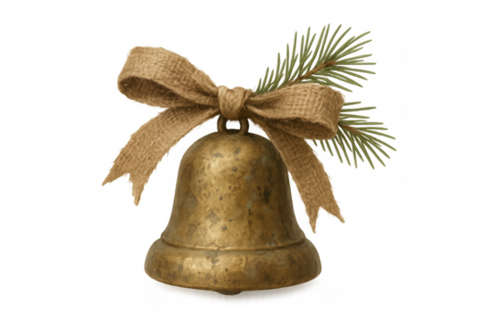 Rustic jingle bell for christmas and winter holidays, decorated with natural burlap bow and pine needles, on transparent background