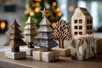 Rustic Christmas decor: miniature trees, presents, and a house on a wooden table, festive holiday atmosphere