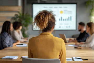 Diverse team of professionals in a modern office setting collaborating and presenting data on a large projector screen during a business meeting