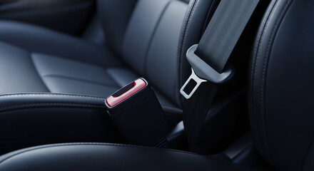 Close up of a modern car s black leather seat with a fastened seatbelt and buckle
