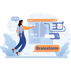 Woman Character Levitating Towards Digital Brain Interface With Brainstorming Bubble And Check Mark Symbol On Transparent Background