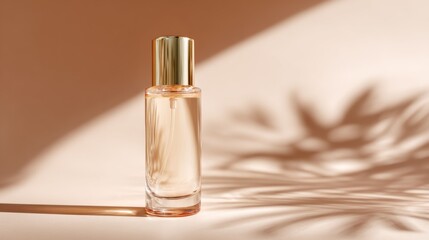 Clear perfume bottle with a gold cap on a light brown background featuring shadow patterns