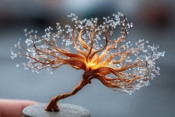 Illuminated Copper Wire Tree Sculpture with Crystal Beads: A Stunning Artistic Creation