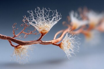 Intricate copper wire and mesh sculpture resembling neural connections or delicate flowers on a blurred background.