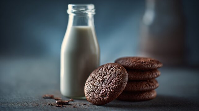 A chocolate cookies beside bottle of milk, dark moody setup