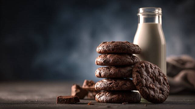 A chocolate cookies beside bottle of milk, dark moody setup