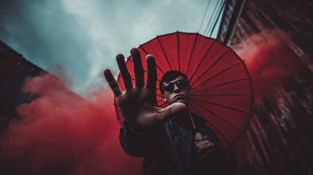 Man in sunglasses holding red umbrella and stop gesture in dense smoke