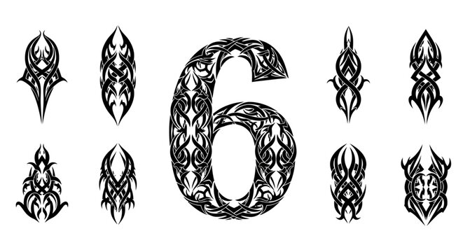 Intricate number six surrounded by abstract decorative tribal elements on white background