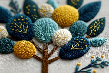 Whimsical embroidered tree with colorful textured leaves and branches on a neutral background, perfect for home decor.