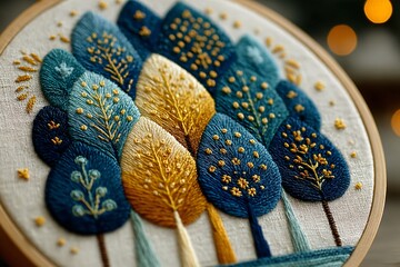 Whimsical embroidered forest scene in a hoop with golden and blue trees in a cozy autumn atmosphere.