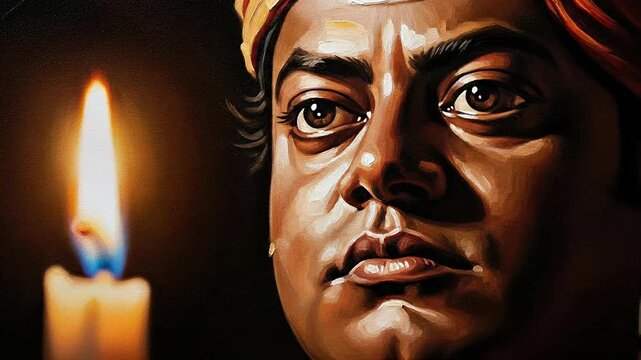 Swami Vivekananda Jayanti Oil Painting Portrait Celebrating National Youth Day in India with Candlelight Glow.