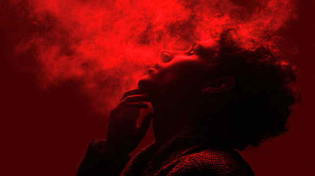 Woman profile emerging from red smoke, contemplating with mysterious aura