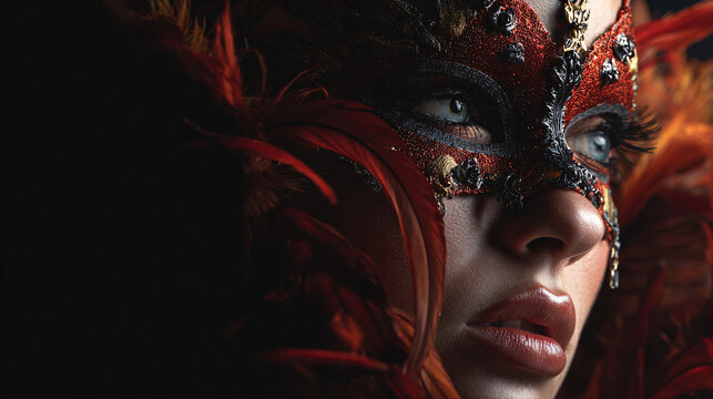 Woman wearing venetian masquerade mask with feathers reflecting mystery - Powered by Adobe