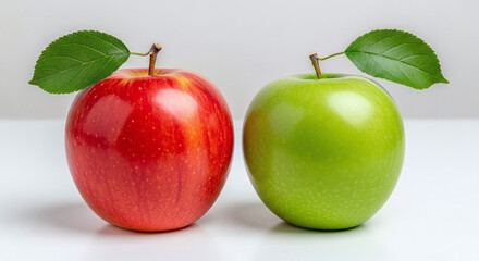 Two fresh apples one red and one green displayed side by side with stems and leaves