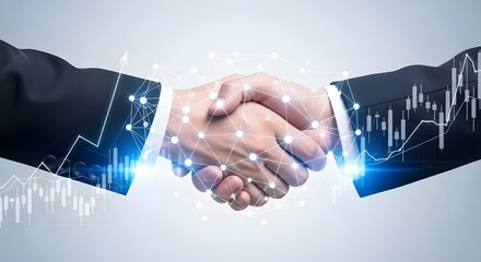 Two business people shaking hands with glowing digital connections and financial data overlay