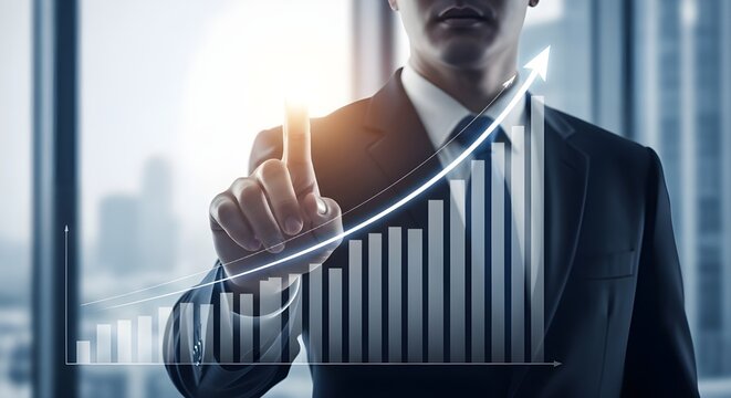 Businessman interacting with a futuristic financial graph showing upward growth and market trends