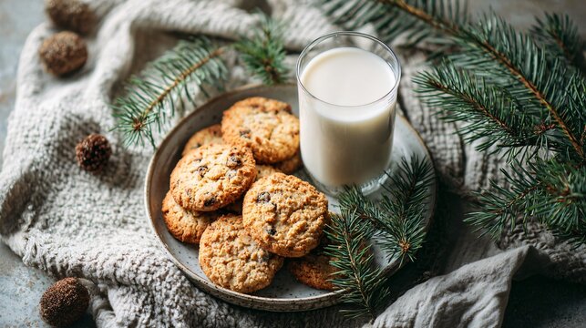 A festive flat lay cookies, milk, pine branches, neutral background
