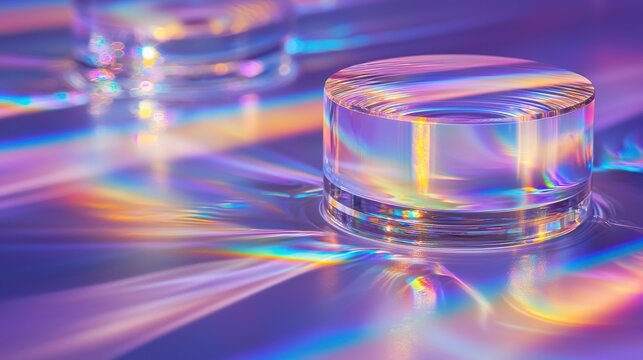 Holographic wave fields prismatic iridescent glass cylinder rainbow light dispersion interference patterns purple blue gradient luxury sophisticated abstract