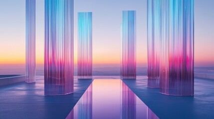 Interference fringe bands on transparent glass columns creating vertical light diffraction patterns with cyan blue pink magenta gradient hues reflected surface minimalist