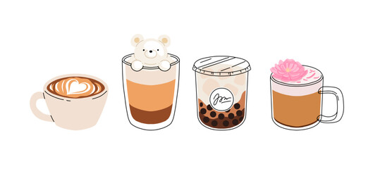 Cute coffee drinks collection, kawaii cups with latte art, whipped cream, boba tea, and cozy espresso. Adorable hot beverages set, cartoon flat vector illustration for cafe menu, stickers