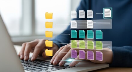Hierarchical File Tree Hologram Over Laptop — Yellow Folders and Colored Document Grid