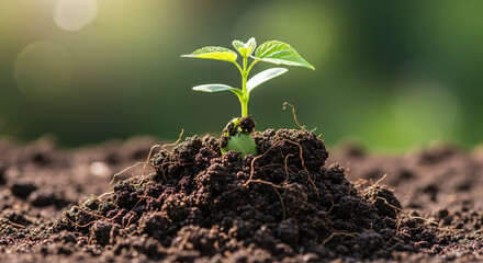 A young sapling sprouts from rich soil under warm sunlight symbolizing growth and new beginnings