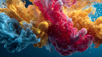 Colorful liquid ink mixing in clear water, creating abstract vibrant patterns
