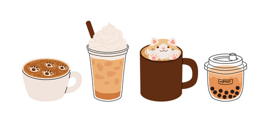 Cute coffee drinks collection, kawaii cups with latte art, whipped cream, boba tea, and cozy espresso. Adorable hot beverages set, cartoon flat vector illustration for cafe menu, stickers