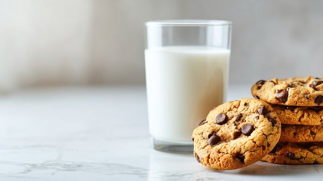 A glass of milk and chocolate chip cookies on white marble surface, minimalist composition - Powered by Adobe