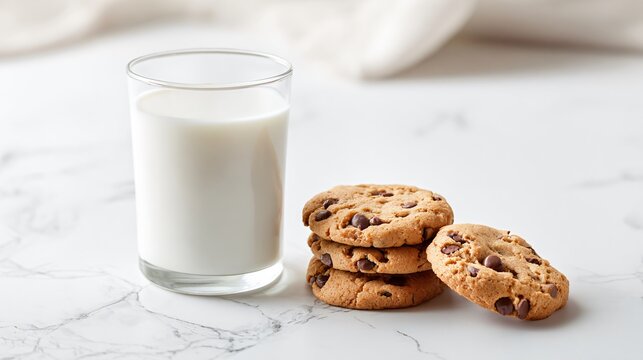A glass of milk and chocolate chip cookies on white marble surface, minimalist composition