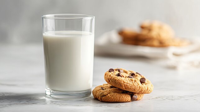 A glass of milk and chocolate chip cookies on white marble surface, minimalist composition