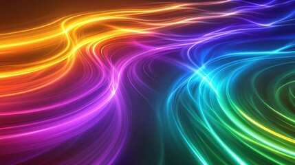 Obraz premium Laser interference effects creating dynamic curved wave patterns with rainbow spectrum flowing through space orange purple cyan green luminous light trails intersecting
