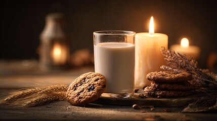 A milk and cookie composition with warm candlelight, cozy winter mood