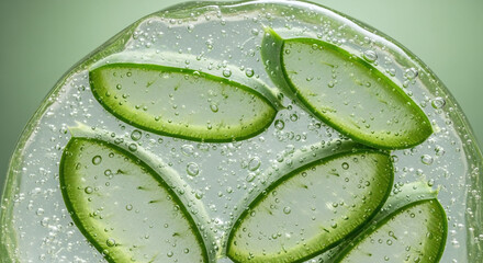 Refreshing aloe vera slices submerged in clear gel with tiny bubbles
