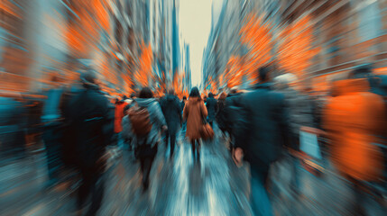 Urban crowd walking fast on street with motion blur, creating a dynamic city scene