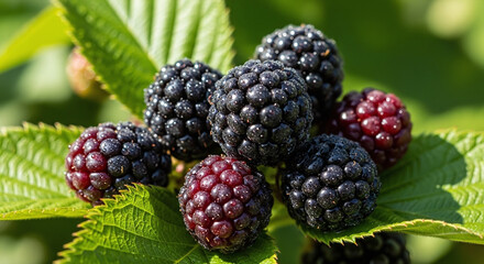 Ripe blackberries and developing berries clustered on green leaves in sunlight