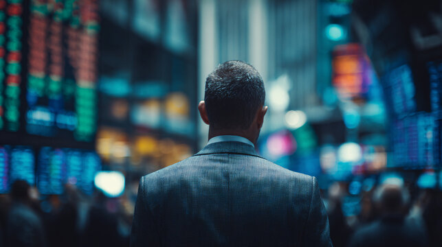 Businessman looking at stock market data screens in a dynamic urban setting