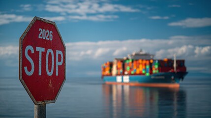A stark stop sign stands defiantly against the backdrop of a distant cargo ship in 2026, symbolizing trade barriers and global challenges