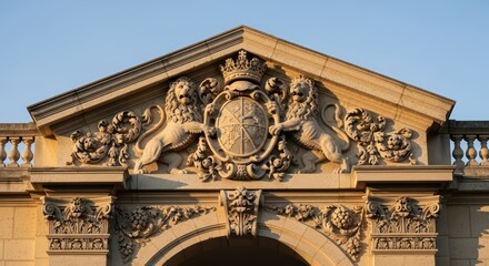 Obraz premium Architectural detail of historical building façade with lion sculptures and coat of arms