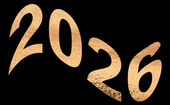 2026 New Year number design. Shiny golden metallic typography with pearlescent wavy texture and