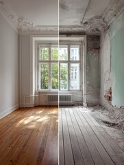 Before and after renovation concept showcasing a rooms transformation from dilapidated to pristine, highlighting the power of restoration