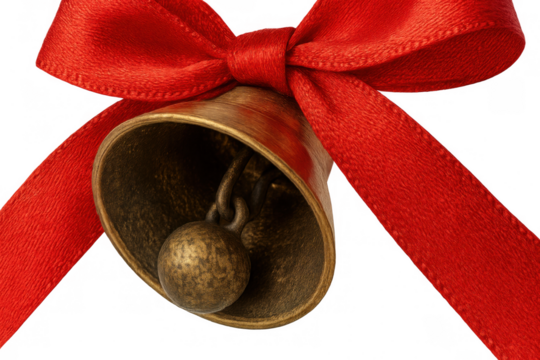 Jingle bell hanging from a red ribbon bow, symbolizing christmas, holidays, traditions, seasonal cheer, and festive celebration on transparent background