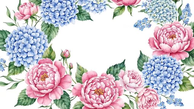 Floral frame Peonies and hydrangeas watercolor