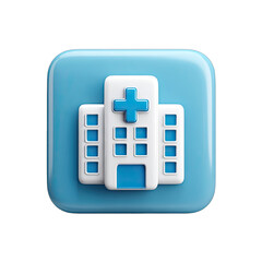 Light-blue square icon; stylized hospital building with white outline and light-blue accents