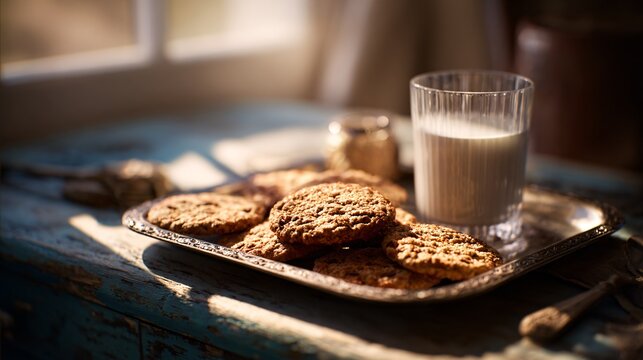 A rustic cookie tray with glass of milk, sunlight streaming across table