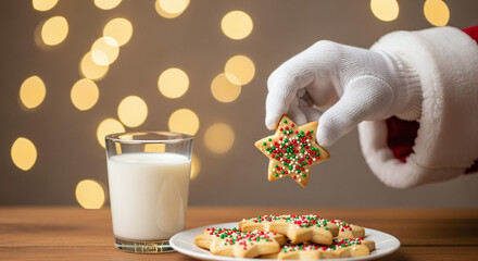 Santa claus offers a decorated star cookie to a glass of milk with festive bokeh lights