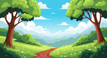A vibrant cartoon illustration of a summer landscape with a walking trail through green hills, an ideal vector art coloring page for creative fun © PDWN Creative